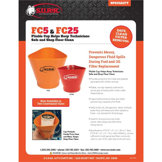 S.U.R. & R. FC5 6" Oil Fuel Filter Removal Cup 34oz No-Mess Fluid Catch Tool
