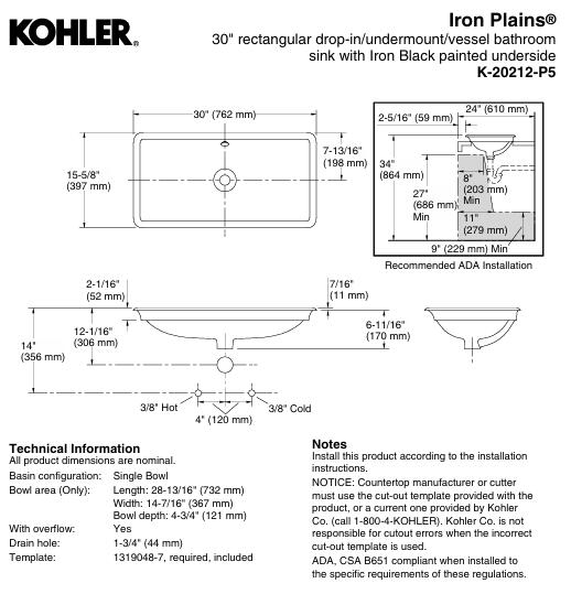 Kohler Iron 20212-P5-96 Plains 30 in Cast Iron Trough Vessel Bathroom Sink