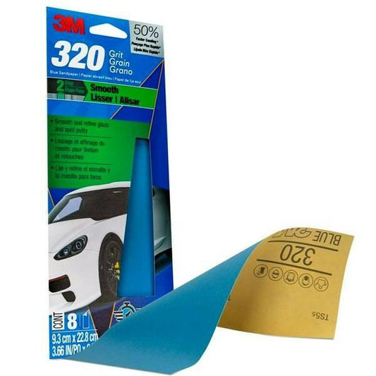 3M Blue Sandpaper 320 Grit 8-Pack, 3 2/3" x 9", Fast Cutting Auto Body Abrasives