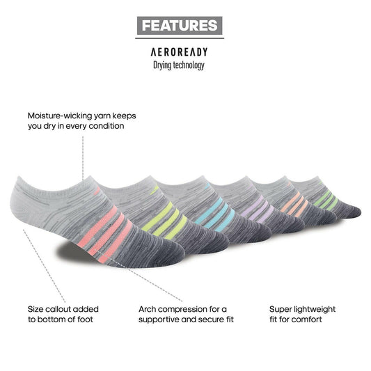 adidas Kids Girls Superlite No-Show Socks 6-Pack Moisture-Wicking Grey Red