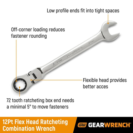 GEARWRENCH 9908D 8mm Flex Head 72-Tooth 12-Point Ratcheting Combo Wrench