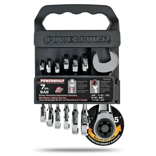 Powerbuilt 640532 7-Piece SAE Stubby Ratcheting Wrench Set, Chrome Vanadium