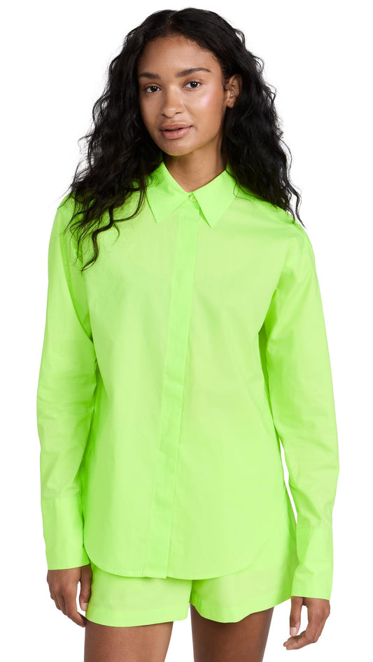 Good American Women's Electric Lime Coated Poplin Shirt Size 2 Long Sleeve