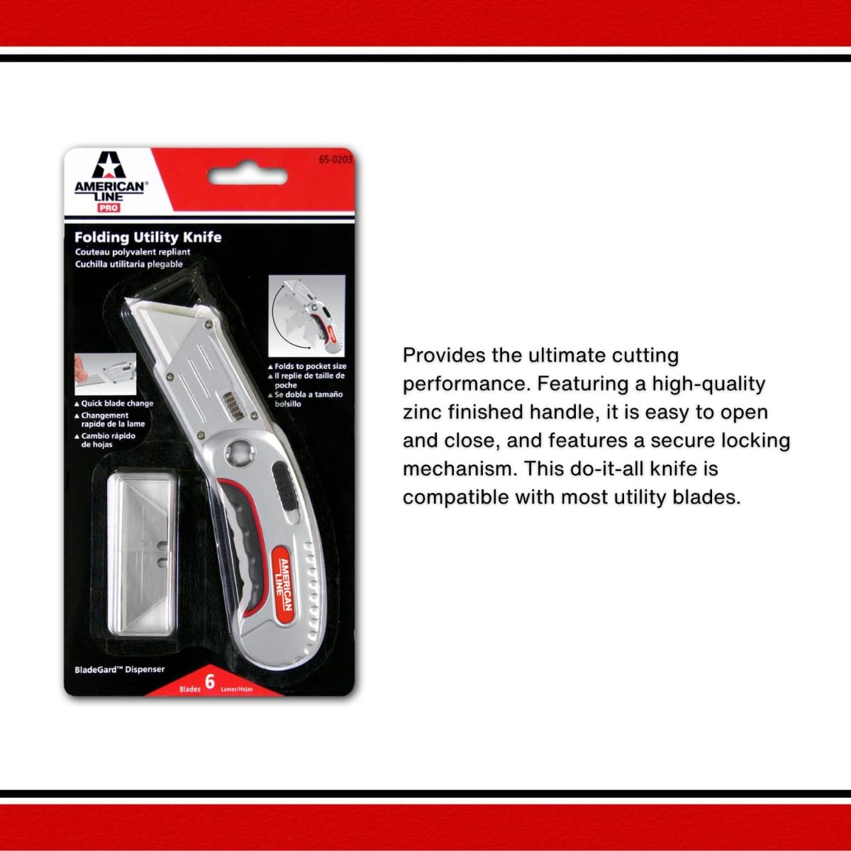 American Line Pro 65-0203 Folding Utility Knife Quick Change + 6 Blades