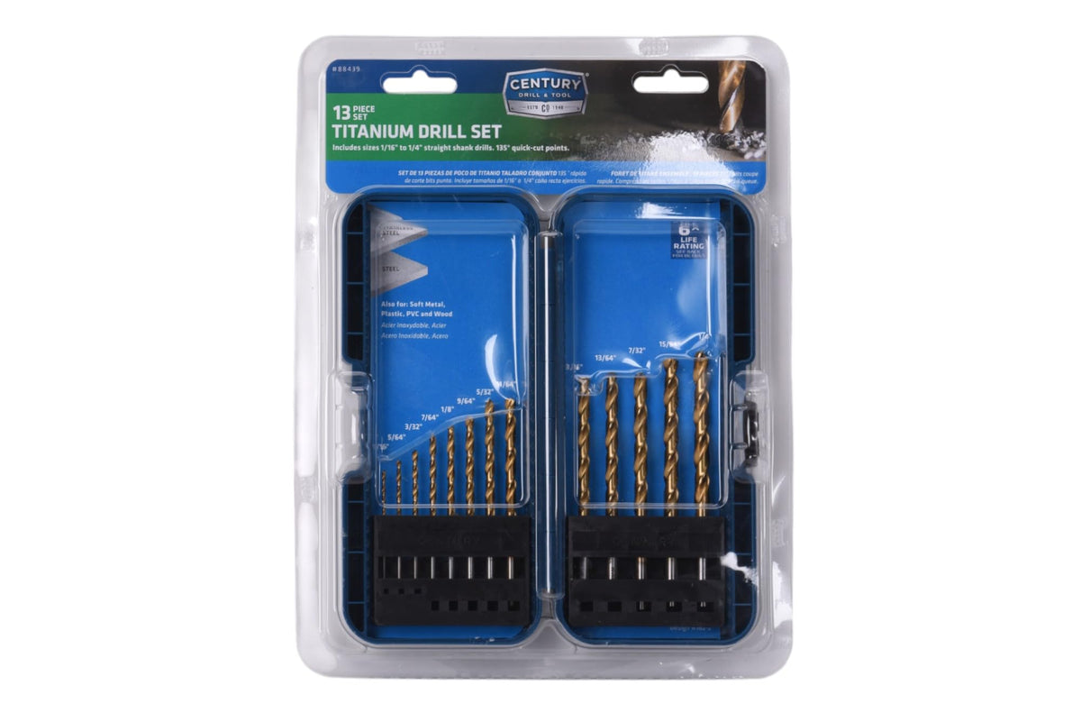 Century Drill & Tool 88439 13pc Titanium Drill Bit Set 1/16"-1/4" M2 HSS