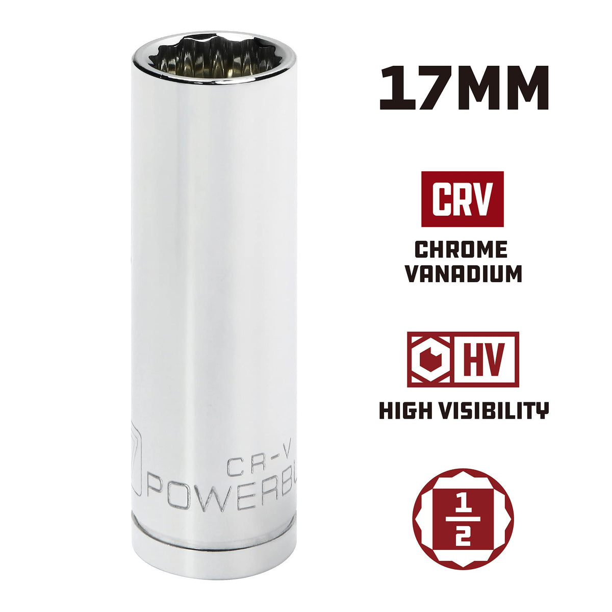 Powerbuilt 940158 17mm Deep Socket 1/2" Drive 12-Point Metric CR-V