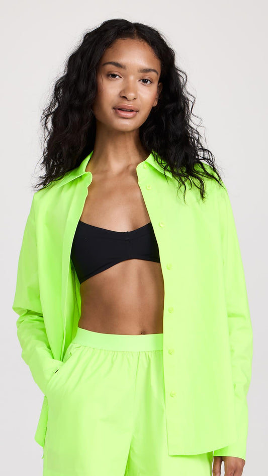 Good American Women's Electric Lime Coated Poplin Shirt Size 2 Long Sleeve