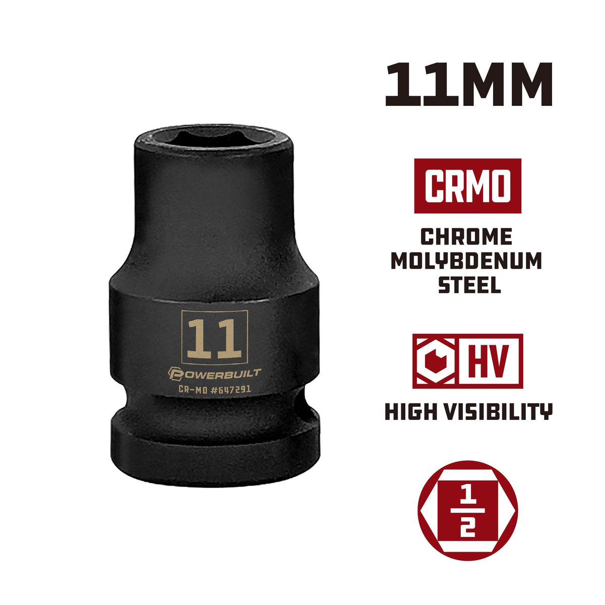 Powerbuilt 642791 11mm Impact Socket 1/2" Drive 6-Point Metric Cr-Mo
