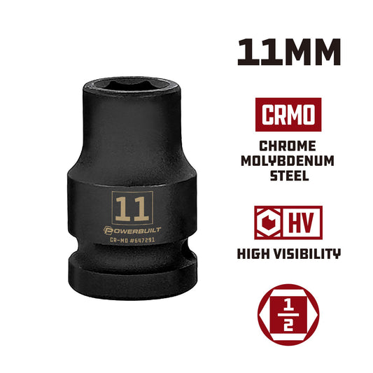 Powerbuilt 642791 11mm Impact Socket 1/2" Drive 6-Point Metric Cr-Mo