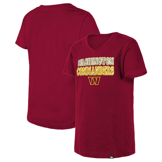 Era Girls Youth Burgundy V-Neck T-Shirt with Reverse Sequins - Commanders