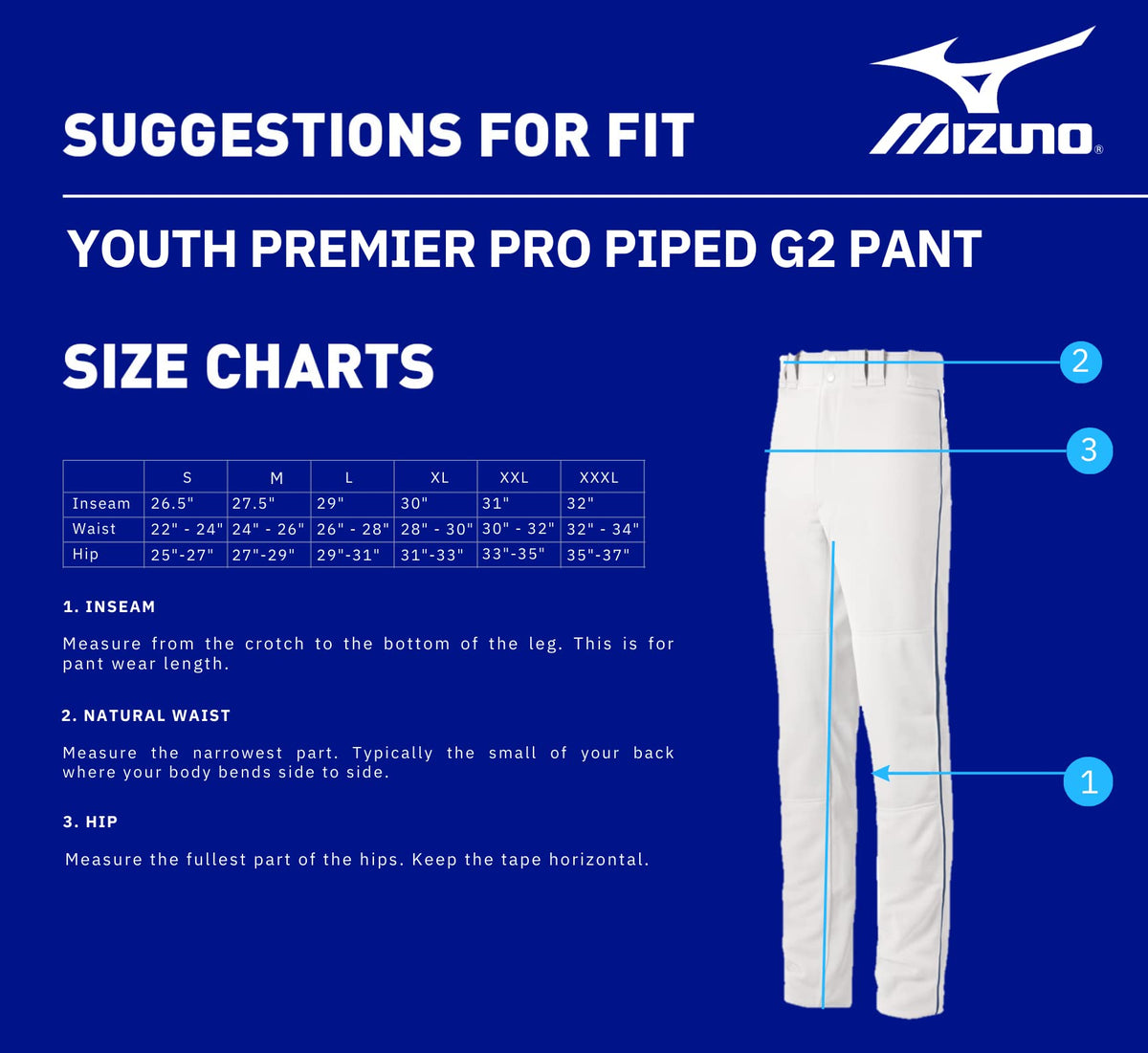 Mizuno Youth Select Pro G2 Baseball Pants, White/Royal, XX-Large