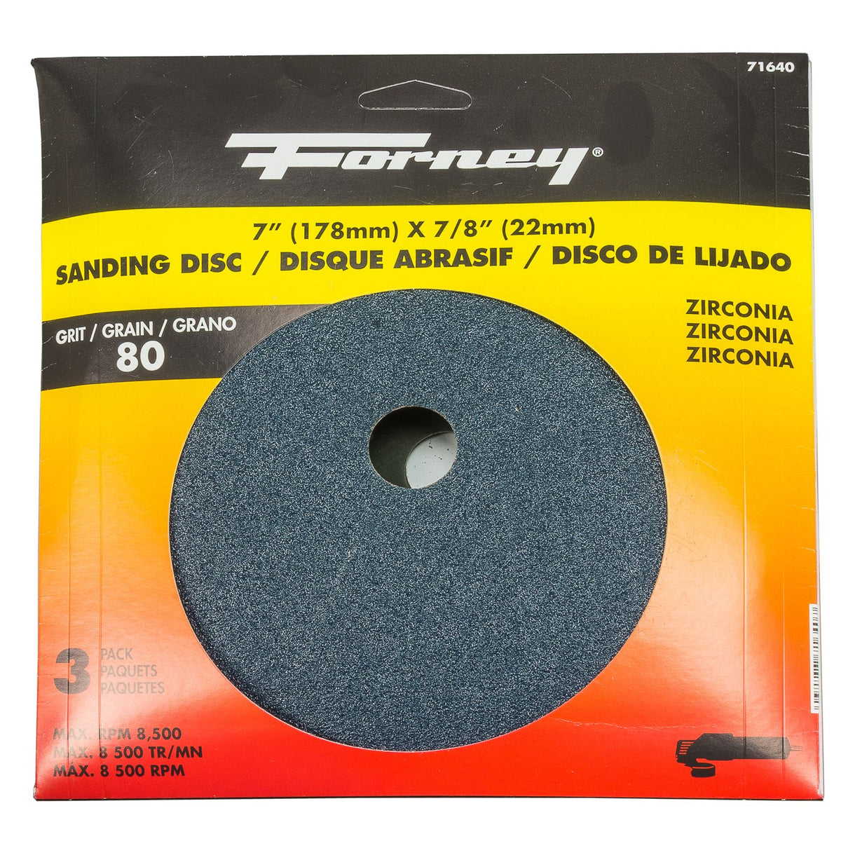 Forney 71640 7-Inch 80-Grit Sanding Discs, Blue Zirconium, 3-Pack, Arbor 7/8''
