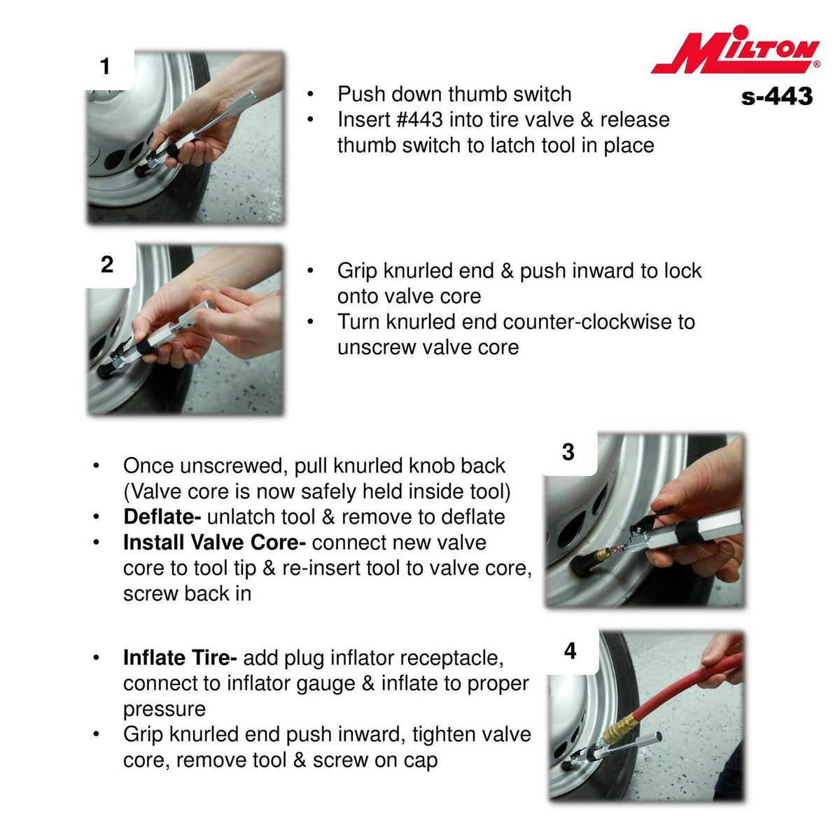 Milton S-443 3-in-1 Tire Valve Extractor Inflator Installation Tool