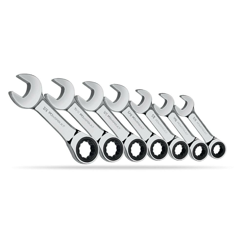 Powerbuilt 640532 7-Piece SAE Stubby Ratcheting Wrench Set, Chrome Vanadium