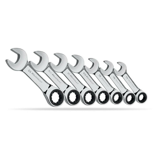 Powerbuilt 640532 7-Piece SAE Stubby Ratcheting Wrench Set, Chrome Vanadium