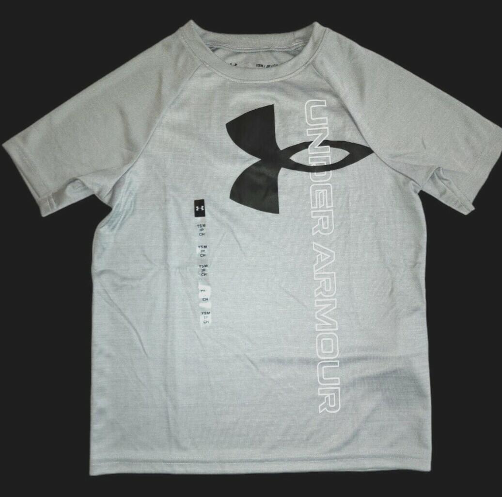 Under Armour Boys Tech Split Logo Hybrid T-Shirt Gray Black Youth Medium
