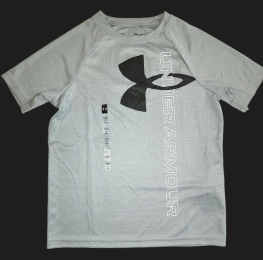 Under Armour Boys Tech Split Logo Hybrid T-Shirt Gray Black Youth Medium