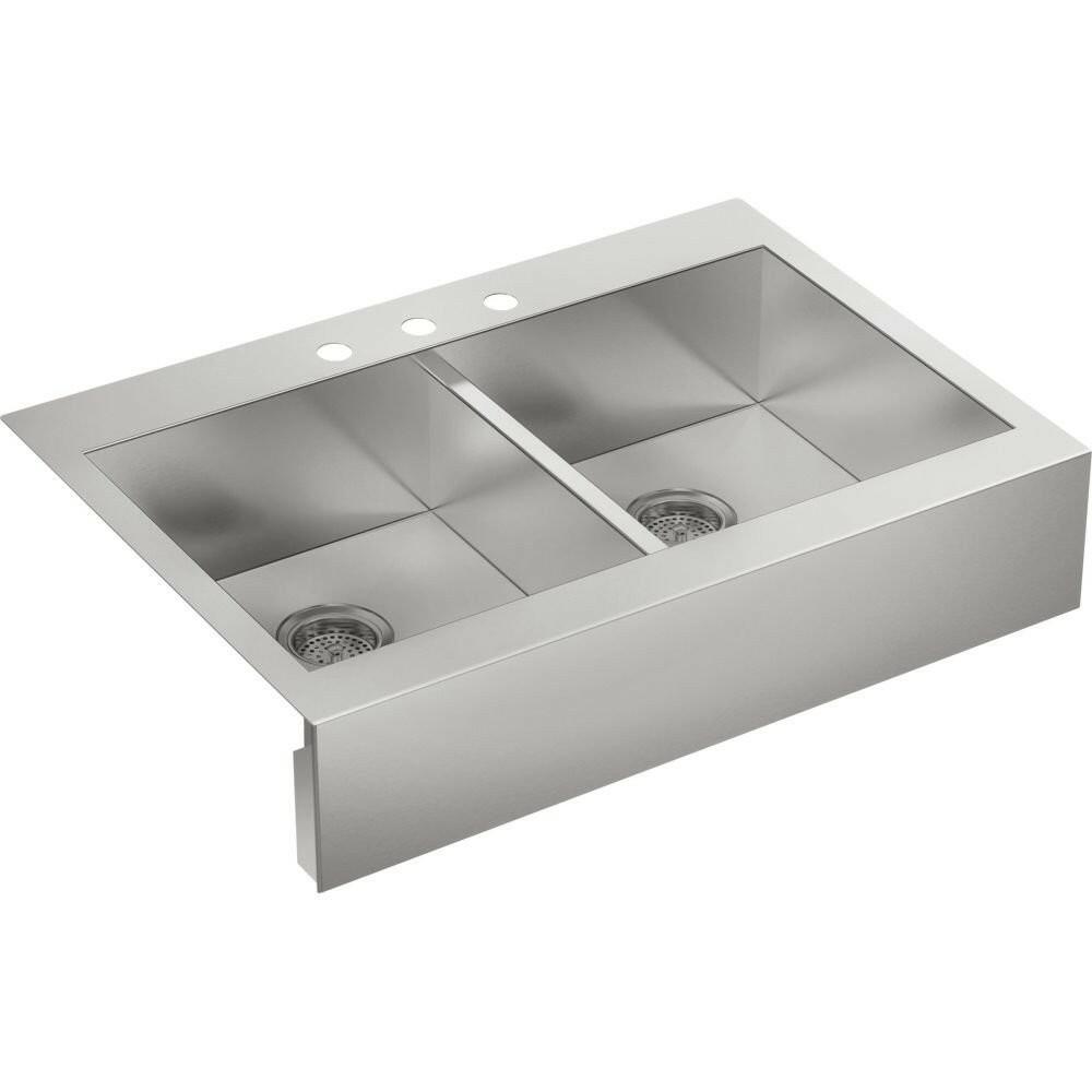 Kohler Vault 36in Double Bowl Apron Front Sink, 18-Gauge Stainless, 3-Hole