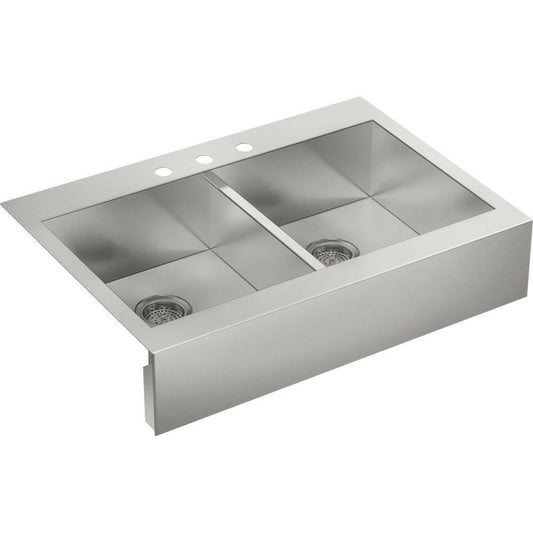 Kohler Vault 36in Double Bowl Apron Front Sink, 18-Gauge Stainless, 3-Hole