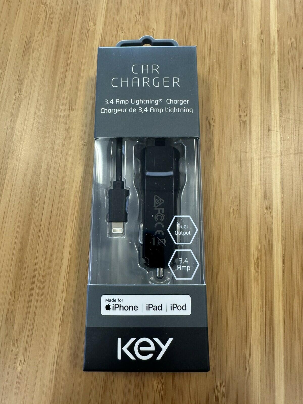 KEY Dual USB Car Charger 3.4A for iPhone & iPad, Fast Charging, Black