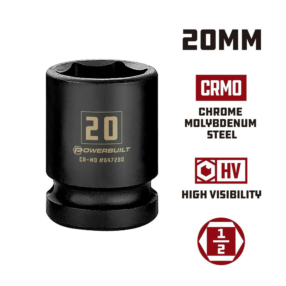 Powerbuilt 642780 20mm Impact Socket 1/2" Drive 6-Point Metric Cr-Mo