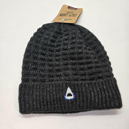 Cozy Cabin Youth Beanie, Gray Lined Knit, One Size, Shark Design, Acrylic