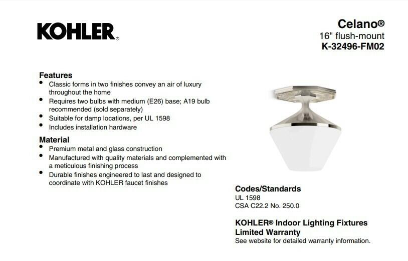 Kohler Celano 32496-FM02-SNL 2 Light Flush Mount Ceiling Light Polished Nickel