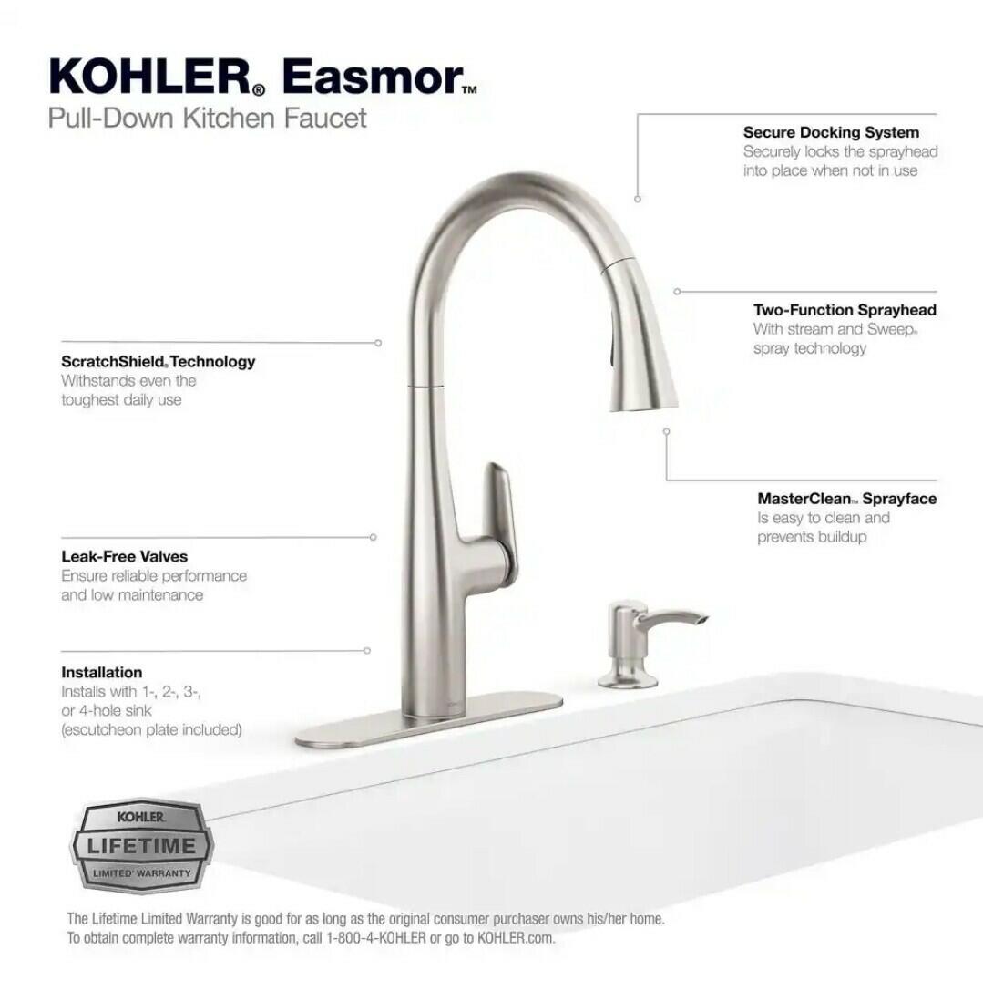 Kohler Easmor R30573-SD-VS Pull Down Kitchen Faucet Soap Dispenser Vibrant