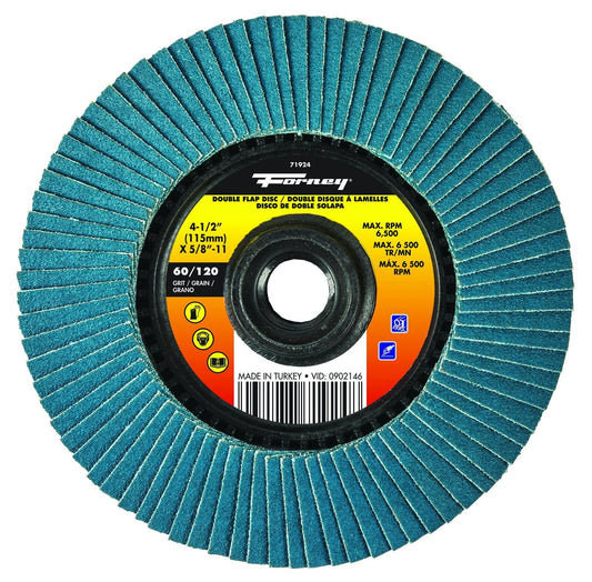 Forney 4-1/2" Double-Sided Flap Disc 60/120 Grit Zirconia for Metal/Wood