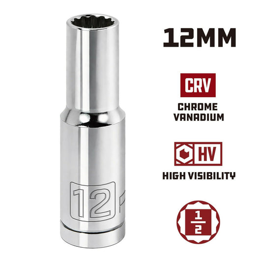 Powerbuilt 940163 22mm Deep Socket 1/2" Drive 12-Point Metric CR-V