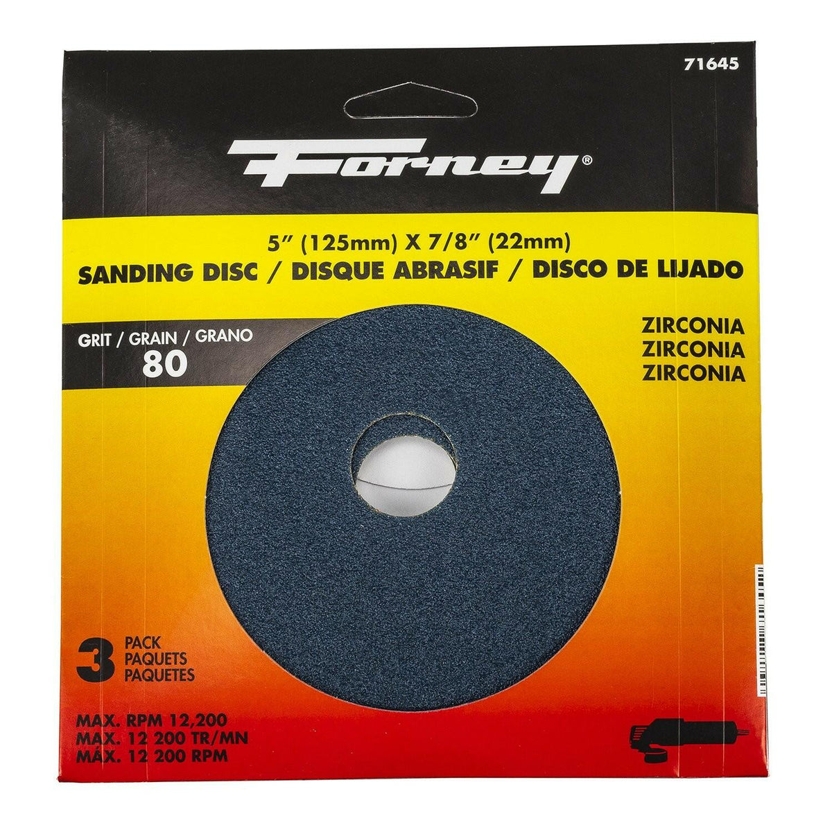 Forney 71645 5 Inch Blue Zirconium Sanding Discs 80 Grit 3-Pack
