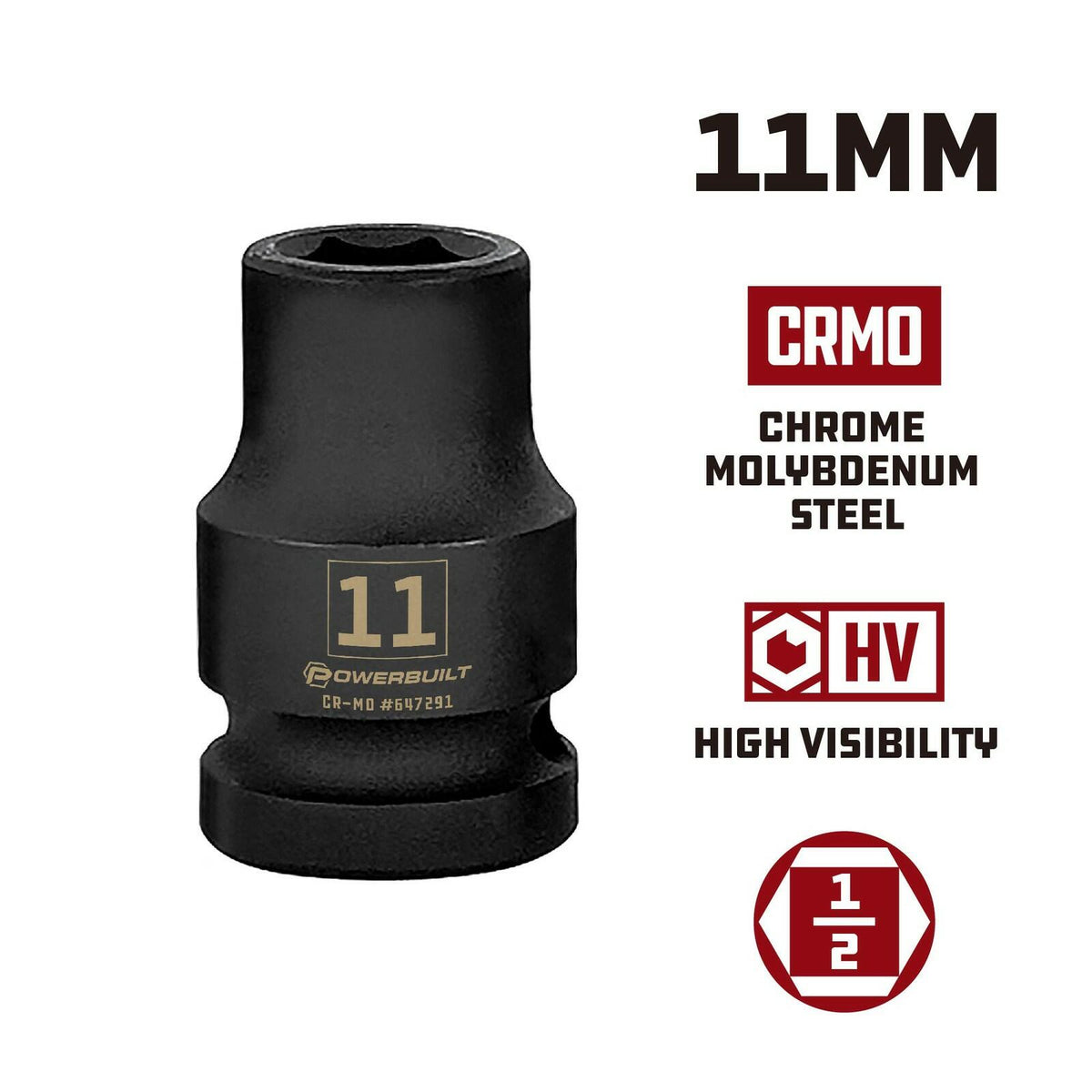 Powerbuilt 642791 11mm Impact Socket 1/2" Drive 6-Point Metric Cr-Mo