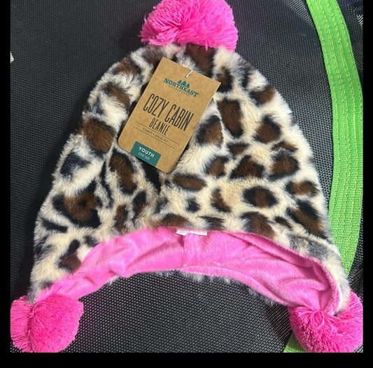 Northeast Outfitters Youth Beanie Brown Pink Animal Print Faux Fur Pom Hat
