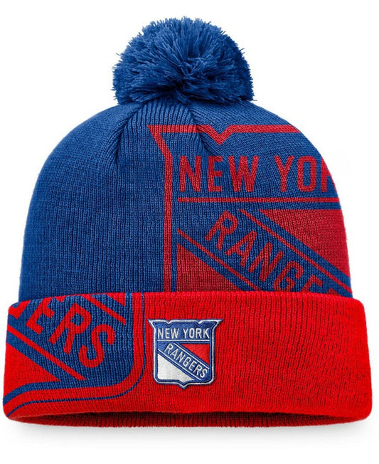 Men's Blue, Red York Rangers Block Party Cuffed Knit Hat with Pom
