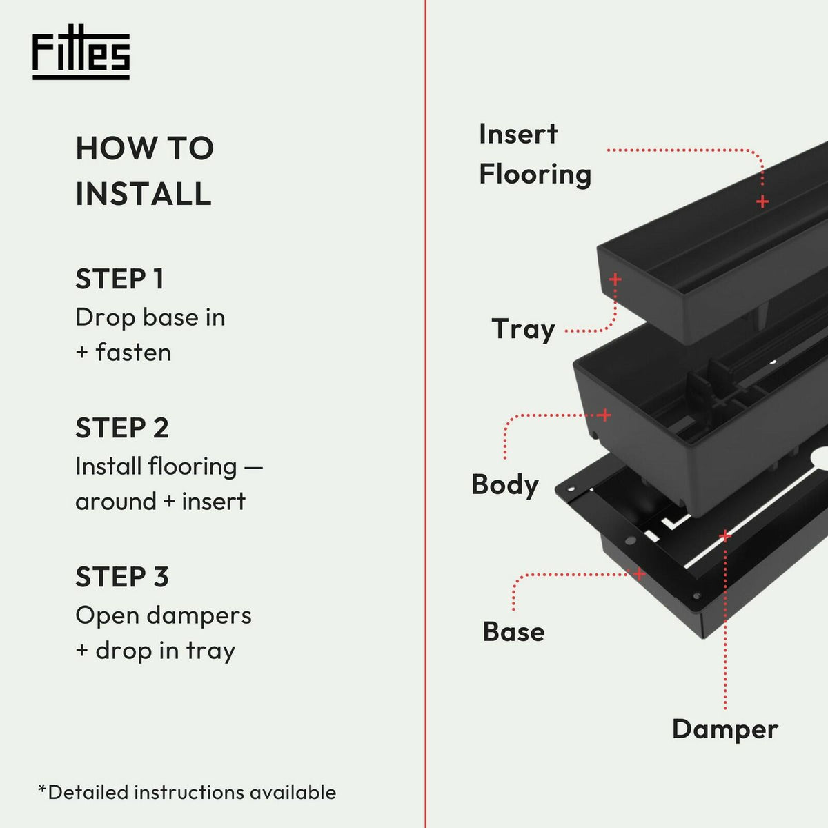 Fittes Flush Floor Vent [Lite] - 4"x12" - Matte Black - 1 Pack