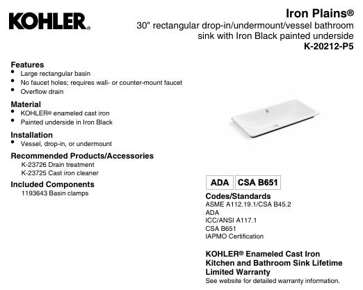 Kohler Iron 20212-P5-96 Plains 30 in Cast Iron Trough Vessel Bathroom Sink
