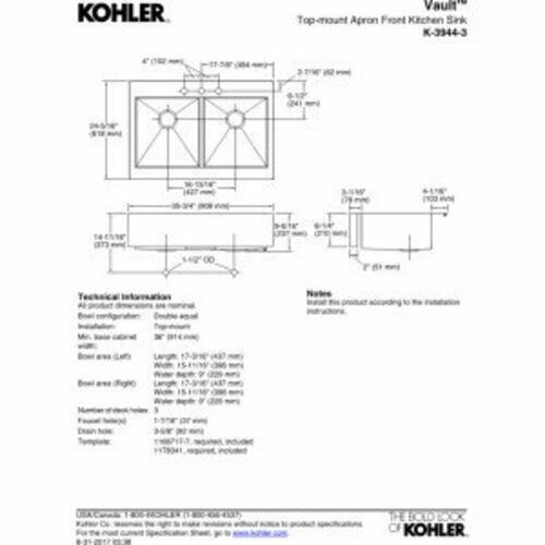 Kohler Vault 36in Double Bowl Apron Front Sink, 18-Gauge Stainless, 3-Hole