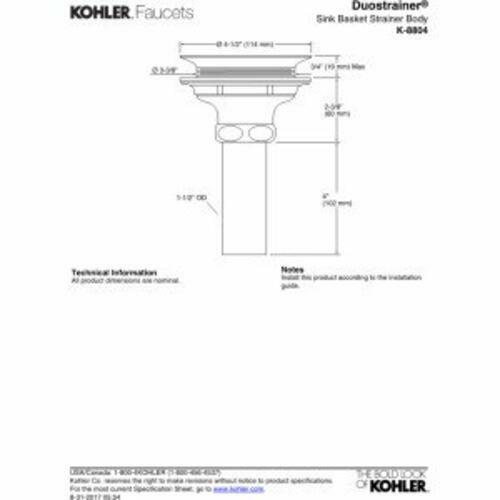 Kohler K-8804-CP Duostrainer Drain Body 3-1/2 to 4 in Chrome Quick Lock