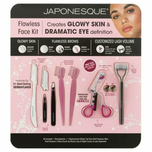 Japonesque Flawless Face Kit with Dermaplaner, Tweezers & Brow/Lash Curler