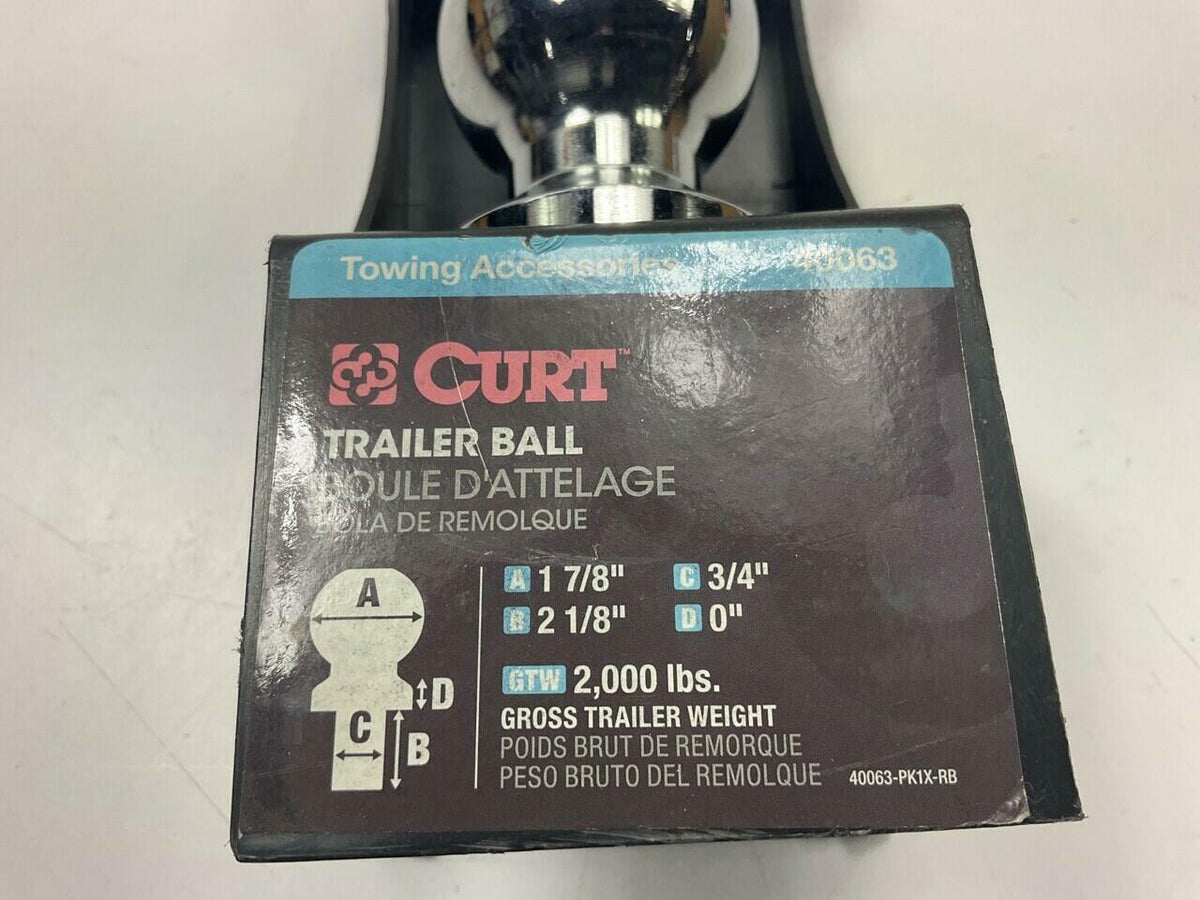 Curt 40063 Chrome 1-7/8" Tow Ball, 2-1/8" Length, 2,000 lbs Capacity