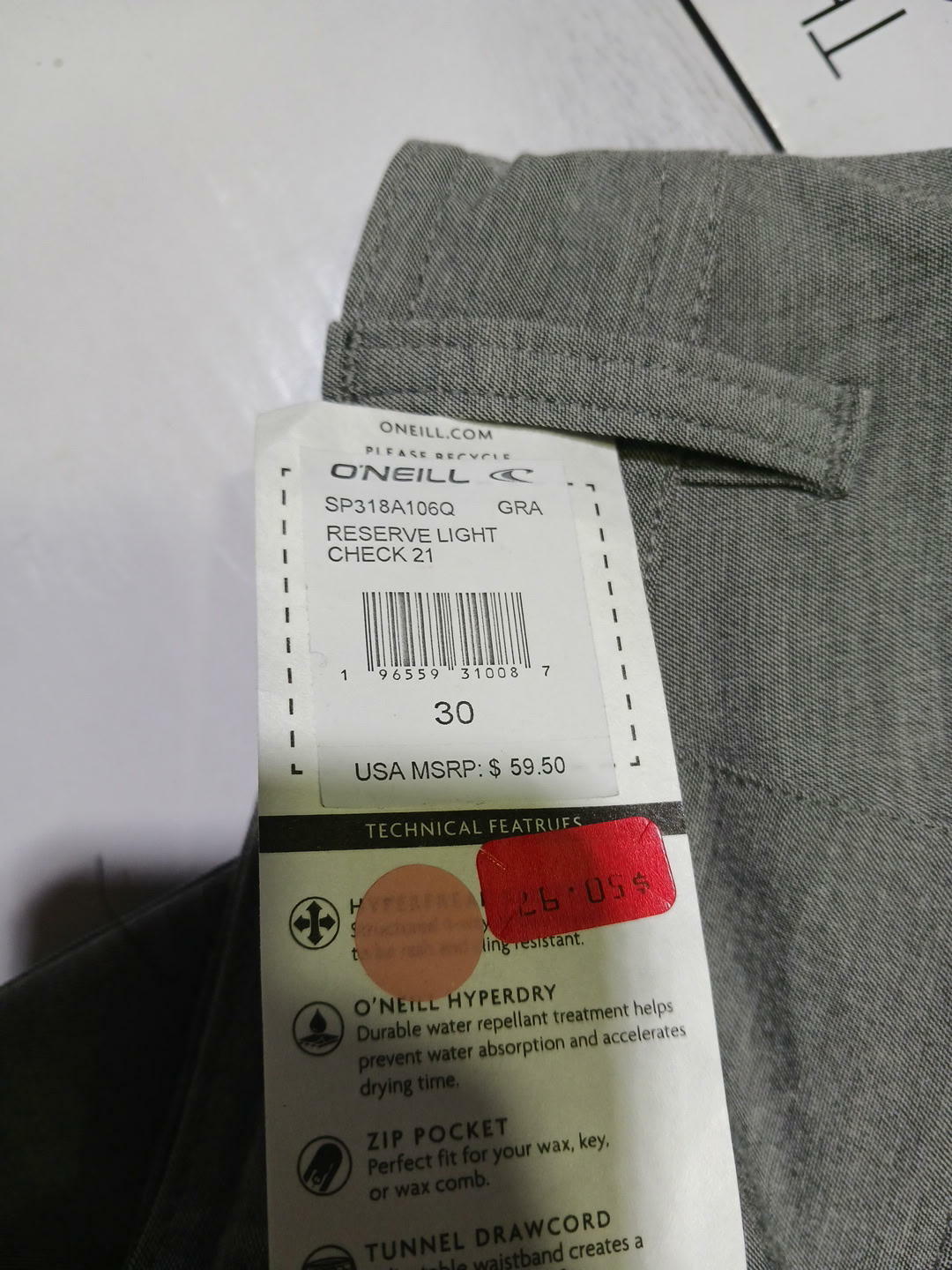 O'Neill Reserve Light Check 21 Men's Hybrid Shorts Gray Size 30